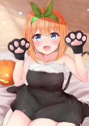 Rule 34 | 1girl, animal hands, bare arms, bed sheet, black dress, black headwear, blue eyes, blush, breasts, cat tail, collarbone, commentary, dress, eyelashes, fur-trimmed dress, fur trim, gloves, go-toubun no hanayome, green hairband, green ribbon, hair between eyes, hairband, halloween, hands up, highres, indoors, large breasts, lens flare, light particles, looking at viewer, medium hair, nakano yotsuba, open mouth, orange hair, paw gloves, pumpkin, ribbon, sitting, sleeveless, sleeveless dress, smile, solo, sparkle, straight hair, tail, umineco 1, wariza