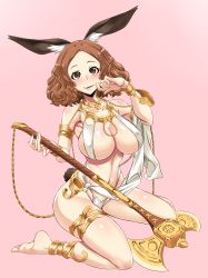 Rule 34 | 1girl, absurdres, animal ears, axe, bare shoulders, big hair, blush, breasts, brown eyes, brown hair, chain, cosplay, fake animal ears, fake tail, highres, holding, holding axe, isekai maou to shoukan shoujo no dorei majutsu, jewelry, large breasts, looking at viewer, matching hair/eyes, medium hair, okumura haru, persona, persona 5, pink background, rabbit ears, revealing clothes, shiny skin, short hair, simple background, sitting, solo, sylvie (isekai maou), sylvie (isekai maou) (cosplay), tail, virusotaku, wariza, weapon