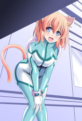 Rule 34 | 1girl, ahoge, animal ears, blonde hair, blue eyes, bodysuit, breasts, cat ears, cat tail, hands on own knees, large breasts, leaning forward, looking at viewer, open mouth, original, pudding (tonpuu), skin tight, solo, tail, tonpuu