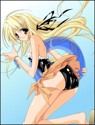 Rule 34 | 1girl, ass, blonde hair, blush stickers, casual one-piece swimsuit, frilled swimsuit, frills, gradient background, highres, innertube, long hair, looking back, one-piece swimsuit, orange eyes, sarong, shoe dangle, smile, solo, swim ring, swimsuit, trefoil, wristband