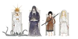 Rule 34 | 4boys, barefoot, black hair, blonde hair, company connection, crossover, dark souls (series), dark souls i, dark souls iii, dark sun gwyndolin, elden ring, from software, headpiece, highres, holding, holding sword, holding weapon, jdori, kuro the divine heir, lothric (younger prince), miquella (elden ring), multiple boys, robe, sekiro: shadows die twice, sitting, sword, weapon, white hair, white robe