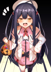 Rule 34 | 1girl, bare shoulders, basket, belt, black hair, black thighhighs, blush, candy, cleavage cutout, clothing cutout, collarbone, food, hair between eyes, halloween, hand on own hip, hat, highres, holding, holding basket, light particles, long hair, mahcdai, off shoulder, open mouth, original, pov, single thighhigh, sleeves past wrists, smile, solo, standing, thighhighs, tongue, trick or treat, twintails, white hat, yellow eyes