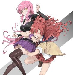 Rule 34 | 2girls, akuma no riddle, boots, bracelet, breasts, cleavage, drill hair, hair ornament, hairclip, high ponytail, highres, hug, hug from behind, inukai isuke, jewelry, long hair, long sleeves, looking at another, medium breasts, minakata sunao, multiple girls, navel, one eye closed, open mouth, orange eyes, pink hair, purple skirt, red hair, red skirt, sagae haruki, school uniform, skirt, smile, thigh boots, twin drills, very long hair, wavy hair, wife and wife, yellow eyes, yuri