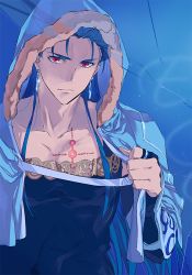 Rule 34 | 1boy, blue hair, breast tattoo, capelet, closed mouth, cu chulainn (caster) (fate), cu chulainn (fate), cu chulainn (fate/stay night), earrings, fate/grand order, fate (series), fur, fur-trimmed hood, fur trim, hood, hood up, hooded capelet, iz izhara, jewelry, long hair, looking at viewer, male focus, red eyes, ring, solo, tattoo, type-moon, vambraces