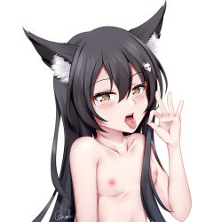 Rule 34 | 1girl, animal ear fluff, animal ears, arm at side, armpits, black hair, blush, breasts, brown eyes, chrisandita, collarbone, fox ears, fox hair ornament, hair between eyes, hair ornament, hairclip, long hair, nipples, nude, open mouth, original, signature, simple background, small breasts, solo, teeth, tongue, tongue out, upper body, upper teeth only, white background