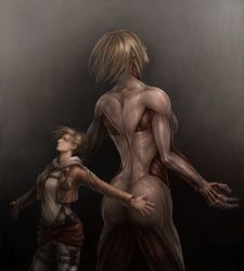 Rule 34 | 1girl, annie leonhart, back-to-back, blonde hair, blue eyes, breasts, dual persona, exposed muscle, female titan, gradient background, highres, jacket, jason peng, jewelry, outstretched arms, realistic, ring, shingeki no kyojin, size difference, spoilers, titan (shingeki no kyojin), uniform