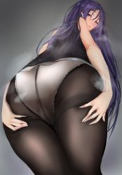 Rule 34 | 1girl, absurdres, ass, back, bare shoulders, black pantyhose, black shirt, blush, breasts, contemporary, ero kuma, fate/grand order, fate (series), from behind, from below, gradient background, grey background, hands on own ass, highres, large breasts, long hair, looking at viewer, looking back, messy hair, mika l, minamoto no raikou (fate), open mouth, panties, panties under pantyhose, pantyhose, parted bangs, perspective, purple eyes, purple hair, shirt, sleeveless, smile, solo, thighband pantyhose, thighs, underwear, very long hair, white panties