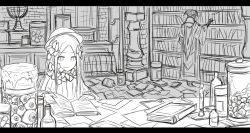 Rule 34 | 1boy, 1girl, abigail williams (fate), bad id, bad twitter id, bloodborne, book, bookshelf, bow, brick wall, candle, commentary request, crossover, eyeball, fate/grand order, fate (series), globe, greyscale, hair bow, hat, hunter (bloodborne), indoors, jar, kankan33333, long hair, long sleeves, messy, monochrome, parted bangs, reading, searching