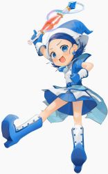 Rule 34 | 1girl, :d, arm up, artist name, blue dress, blue eyes, blue footwear, blue gloves, blue hair, blue hat, boots, clenched hand, commentary, dress, earrings, full body, gloves, gotou (nekocat), grey background, hat, heart, high heel boots, high heels, highres, holding, holding wand, jewelry, looking at viewer, magical girl, ojamajo doremi, open mouth, pointy footwear, puffy short sleeves, puffy sleeves, sailor collar, senoo aiko, short dress, short hair, short sleeves, simple background, smile, solo, standing, wand, witch hat