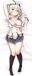 Rule 34 | 10s, 1girl, :o, arm up, bed sheet, beret, black hat, black socks, blue eyes, bra, breast slip, breasts, buttons, coat, collarbone, collared shirt, dakimakura (medium), epaulettes, frilled sleeves, frills, full body, gloves, grey shirt, hand on own head, hat, head tilt, highres, hiromochi (hiro39ra1), kantai collection, kashima (kancolle), kneehighs, long sleeves, looking at viewer, looking up, lying, medium breasts, military, military uniform, nipples, on back, one breast out, open clothes, open coat, panties, panty peek, parted lips, pink bra, pink panties, pleated skirt, shirt, short hair, short twintails, silver hair, skirt, socks, solo, thighs, twintails, underwear, uniform, wavy hair, white coat, white gloves, wing collar