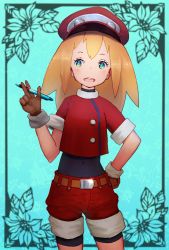 Rule 34 | aqua background, belt, blonde hair, blue background, blush, bodysuit, brown gloves, buttons, capcom, flat chest, framed, gloves, hand on own hip, hat, high-waist shorts, highres, holding, holding pencil, looking to the side, mega man (series), mega man legends (series), open mouth, pencil, roll caskett (mega man), shorts, sidelocks, sleeves rolled up, solo, teeth