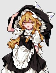 Rule 34 | 1girl, :o, apron, blonde hair, braid, dress, grey background, hat, jitome, kirisame marisa, long hair, looking at viewer, pinafore dress, pixel art, puffy short sleeves, puffy sleeves, risui (suzu rks), short sleeves, simple background, single braid, sleeveless dress, solo, touhou, two-tone dress, white apron, witch, witch hat