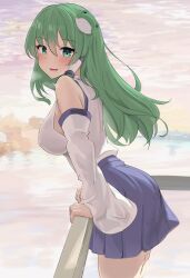 Rule 34 | 1girl, absurdres, bare shoulders, blue skirt, blush, breasts, cowboy shot, detached sleeves, frog hair ornament, green eyes, hair ornament, highres, japanese clothes, kochiya sanae, large breasts, long hair, looking at viewer, nontraditional miko, pleated skirt, sideboob, skirt, smile, solo, touhou, youmu-kun