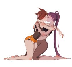 Rule 34 | 2girls, bad id, bad twitter id, bare shoulders, barefoot, body blush, brown hair, brown shirt, capri pants, chest harness, closed eyes, crop top, dolphin shorts, freckles, hand on another&#039;s head, harness, hug, kneeling, long hair, micro shorts, multiple girls, orange shorts, overwatch, overwatch 1, pants, perio 67, ponytail, purple hair, shirt, short shorts, shorts, simple background, sleeveless, sleeveless shirt, swept bangs, tank top, tracer (overwatch), very long hair, white background, widowmaker (overwatch), yellow eyes, yuri