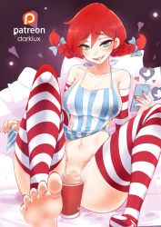 Rule 34 | 1girl, apron, bed, blue eyes, blush, braid, breasts, cellphone, covered erect nipples, darklux, feet, foreshortening, freckles, large breasts, looking at viewer, lying, milkshake, naked apron, no bra, no panties, on back, phone, product girl, red hair, soles, striped clothes, striped thighhighs, thighhighs, twitter bird, wendy&#039;s, wendy (wendy&#039;s)