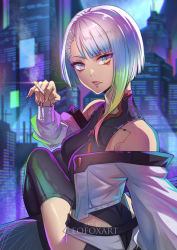 Rule 34 | 1girl, absurdres, artist name, asymmetrical hair, bodysuit, breasts, cigarette, cityscape, cropped jacket, cyberpunk (series), cyberpunk edgerunners, eyeliner, eyeshadow, full moon, heattech leotard, highres, hip vent, holding, holding cigarette, large breasts, leofoxart, looking at viewer, looking back, lucy (cyberpunk), makeup, moon, multicolored eyes, multicolored hair, nail polish, night, off-shoulder jacket, off shoulder, parted lips, pink nails, red eyeliner, red eyeshadow, short hair with long locks, single sidelock, sitting, skyline, solo, turtleneck