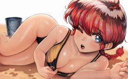 Rule 34 | 1girl, artist name, bare legs, blue eyes, blush, braid, breasts, bucket, cleavage, clothes pull, hair behind ear, large breasts, lying, magion02, one eye closed, ranma-chan, ranma 1/2, red hair, shirt pull, solo, sweat, watermark, web address