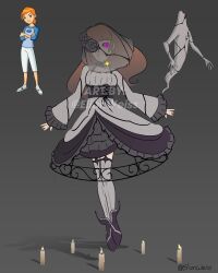 Rule 34 | 1girl, absurdres, alternate universe, ben 10, black corset, black footwear, black sclera, boots, candle, choker, colored sclera, corset, covering face, crinoline, dress, elion weiss, expressionless, floating, floating hair, flower, flower over eye, freckles, frilled choker, frilled sleeves, frills, fusion, ghost girl, ghostfreak, grey background, grey choker, grey dress, grey rose, grey veil, gwen tennyson, highres, knee boots, levitation, long hair, magical girl, pale skin, petticoat, purple eyes, see-through veil, single vertical stripe, striped clothes, striped thighhighs, thighhighs, tiptoes, transformation, veil, veil over eyes, vertical-striped clothes, vertical-striped thighhighs, wide sleeves, zettai ryouiki
