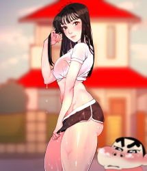 Rule 34 | 1boy, 1girl, artist request, ass, bad id, bad pixiv id, black hair, blurry, blush, bra, bra visible through clothes, breasts, buzz cut, clothes pull, crayon shin-chan, curvy, day, depth of field, heavy breathing, highres, house, long hair, looking at another, looking at viewer, looking to the side, medium breasts, midriff, nohara shinnosuke, nose blush, nostrils, oohara nanako, outdoors, pulled by self, shirt, short hair, short shorts, shorts, shorts pull, smile, snort, sweat, t-shirt, thick eyebrows, thick thighs, thighs, underwear, very short hair, wet, wet clothes, wet shirt, white shirt