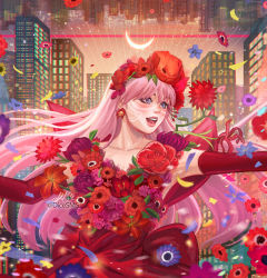 Rule 34 | 1girl, belle (ryuu to sobakasu no hime), building, crescent moon, dress, earrings, elbow gloves, eyebrows hidden by hair, facial mark, flower, gloves, jewelry, long hair, moon, open mouth, petals, pink hair, red dress, ryuu to sobakasu no hime, solo, stephanie sybydlo