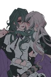 Rule 34 | 2girls, black gloves, black nails, blush, commentary request, eye contact, face-to-face, fangs, gloves, grabbing, grabbing another&#039;s breast, green eyes, green hair, heads together, holding, holding pen, hug, hug from behind, imminent kiss, looking at another, mamaloni, multicolored hair, multiple girls, nail polish, oak casket (path to nowhere), path to nowhere, pen, pointing, pointing at another, purple eyes, purple lips, purple shawl, raven (path to nowhere), scar, scar across eye, scar on face, scar on forehead, sharp teeth, shawl, shirt, simple background, streaked hair, teeth, tongue, tongue out, white background, white hair, white shirt, yuri