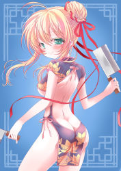 Rule 34 | 1girl, backless outfit, bad id, bad nicoseiga id, bare back, blonde hair, blush, breasts, butt crack, china dress, chinese clothes, cleaver, double bun, dress, dual wielding, from behind, green eyes, hair ribbon, holding, long hair, medium breasts, no panties, original, ribbon, saidou, smile, solo, underboob