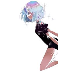 Rule 34 | 10s, androgynous, backlighting, blue hair, diamond (houseki no kuni), elbow gloves, from side, gender request, gloves, houseki no kuni, puffy short sleeves, puffy sleeves, short hair, short sleeves, solo, sunameri oishii, thighhighs, white background, white thighhighs