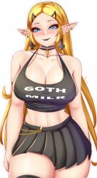 Rule 34 | 1girl, alternate costume, anisdrawn, arm strap, bare shoulders, black choker, black lips, black skirt, black tank top, blonde hair, blue eyes, blush, breasts, chain, choker, cleavage, clothes writing, commentary, cowboy shot, crop top, earrings, eyeshadow, highres, jewelry, large breasts, long hair, looking at viewer, makeup, midriff, miniskirt, navel, nintendo, nose blush, pleated skirt, pointy ears, princess zelda, simple background, skirt, smile, solo, standing, stomach, tank top, the legend of zelda, the legend of zelda: tears of the kingdom, thighs, very long hair, white background