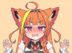 Rule 34 | 1girl, ahoge, animal ear fluff, animal ears, blunt bangs, blush, braid, cat ears, claw pose, commentary, embarrassed, full-face blush, hairband, hololive, kemonomimi mode, kiryu coco, kukie-nyan, long hair, looking at viewer, multicolored hair, open mouth, orange background, orange hair, paw pose, pointy ears, red eyes, shirakami fubuki, shirakami fubuki (1st costume), side braid, simple background, single braid, solo, streaked hair, sweatdrop, symbol-only commentary, virtual youtuber