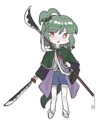 Rule 34 | 1other, adagumo no saragimaru, androgynous, black shirt, black sleeves, blue shorts, buttons, capelet, collared socks, commentary, dated commentary, dual wielding, full body, green capelet, green hair, green vest, hair ornament, high side ponytail, holding, holding polearm, holding sword, holding weapon, japanese clothes, jishixingle1029, len&#039;en, light blush, long sleeves, looking at viewer, naginata, open mouth, other focus, pale skin, polearm, red eyes, sheath, shirt, short hair, short ponytail, shorts, simple background, snake hair ornament, snake tail, socks, solo, split ponytail, sword, tail, vest, weapon, white background, white socks, wide sleeves