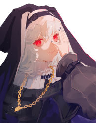 Rule 34 | 1girl, arknights, black dress, black nails, bright pupils, covering one eye, dress, eyebrows hidden by hair, habit, hand up, jewelry, leng kui lk, long sleeves, looking at viewer, nail polish, necklace, nun, parted lips, red eyes, simple background, smile, solo, specter (arknights), upper body, white background