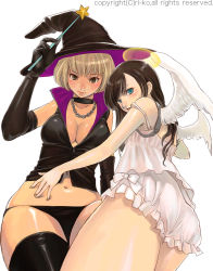 Rule 34 | 2girls, angel, bad id, blonde hair, bloomers, blue eyes, blush, breasts, brown eyes, brown hair, camisole, chain, choker, cleavage, elbow gloves, gloves, halloween, hat, highres, multiple girls, panties, ri-ko, short hair, thighhighs, thong, underwear, wand, white bloomers, wings, witch, witch hat, zipper