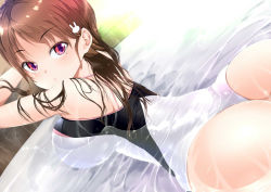 Rule 34 | 1girl, amasora taichi, ass, blush, breasts, brown eyes, brown hair, rabbit hair ornament, hair ornament, large breasts, long hair, looking back, one-piece swimsuit, original, partially submerged, pool, solo, swimsuit, water