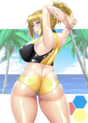 Rule 34 | 1girl, arms up, ass, ayato, back, bikini, blue eyes, blush, breasts, brown hair, closed mouth, commentary request, covered erect nipples, cowboy shot, from behind, gundam, gundam build fighters, gundam build fighters try, highres, hoshino fumina, large breasts, legs apart, lips, long hair, looking at viewer, looking back, ocean, palm tree, ponytail, scrunchie, shiny clothes, shiny skin, smile, solo, standing, swimsuit, tree, water, yellow bikini