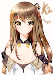 Rule 34 | 1girl, bare shoulders, black ribbon, blush, breasts, brown eyes, brown hair, cleavage, closed mouth, detached collar, girls&#039; frontline, hair ornament, hair ribbon, hairclip, jacket, k2 (girls&#039; frontline), large breasts, long hair, looking at viewer, low-tied long hair, open clothes, open jacket, ribbon, seo, sidelocks, simple background, solo, straight hair, upper body, white background, white jacket, wing collar