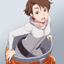 Rule 34 | 1girl, breasts, brown eyes, brown hair, commentary request, highres, looking at viewer, open mouth, planetes, short hair, simple background, solo, spacesuit, standing, tanabe ai, yazwo