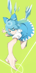Rule 34 | 1girl, absurdres, blue dress, blue eyes, blue hair, bow, cirno, dress, glint, grin, hair bow, highres, ice, ice wings, matching hair/eyes, pointing, pointing at viewer, puffy short sleeves, puffy sleeves, shirt, short sleeves, smile, sofa (enogunomu), solo, touhou, wings