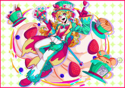 Rule 34 | absurdres, alice in wonderland, blonde hair, blueberry, bow, bowtie, cake, card, coat, coattails, colorful, cup, food, fruit, gloves, green coat, hat, highres, icing, mad hatter (alice in wonderland), mouse (animal), original, pants, playing card, pocky, pointy ears, red bow, red bowtie, red eyes, red gloves, red vest, smile, staff, strawberry, teacup, top hat, user yvvu4523, vest, white pants