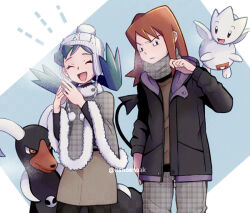 Rule 34 | 1boy, 1girl, alternate costume, aqua hair, beanie, black jacket, blue background, brown coat, brown sweater, closed eyes, closed mouth, coat, cold, creatures (company), fog, frown, game freak, gen 2 pokemon, hat, houndoom, hsngamess, jacket, kris (pokemon), matching outfits, neck warmer, nintendo, open mouth, pokemon, pokemon (creature), pokemon gsc, red eyes, red hair, signature, silver (pokemon), standing, sweater, togetic, trench coat, winter clothes