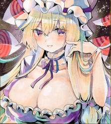 Rule 34 | 1girl, absurdres, blonde hair, blush, bow, commentary, commentary request, hair bow, hand in own hair, hat, hat ribbon, highres, long hair, looking at viewer, marker (medium), mob cap, open mouth, purple bow, purple ribbon, ribbon, sidelocks, solo, torajirou (toraneko zirou), touhou, traditional media, upper body, white hat, yakumo yukari