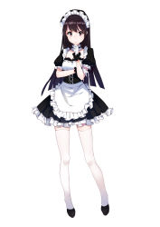 Rule 34 | 1girl, absurdres, apron, black dress, black footwear, black hair, brown eyes, closed mouth, dress, frilled apron, frilled sleeves, frills, full body, gloves, hand on own chin, hand up, highres, iiiroha, legs apart, light smile, long hair, looking at viewer, maid, maid headdress, original, puffy short sleeves, puffy sleeves, shoes, short sleeves, simple background, solo, standing, straight hair, thighhighs, waist apron, white background, white gloves, white thighhighs, zettai ryouiki