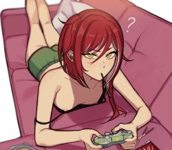Rule 34 | 1girl, ?, black tank top, breasts, controller, couch, ensemble stars!, food, food in mouth, game controller, genderswap, genderswap (mtf), green shorts, highres, looking at viewer, lummy yummy, lying, multicolored hair, nipples, on couch, on stomach, pocky, pocky in mouth, red hair, sakasaki natsume, short hair with long locks, shorts, small breasts, solo, tank top, white hair, yellow eyes