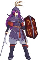 Rule 34 | 1girl, armor, belt, boots, burn scar, chinese armor, commentary, english commentary, frown, full body, gambeson, helmet, holding, holding shield, holding weapon, ikezawa hanako, katawa shoujo, knee boots, legs apart, long hair, looking at viewer, puffy pants, purple eyes, purple hair, rtil, scar, serious, sheath, sheathed, shield, simple background, solo, standing, sword, weapon, white background