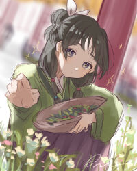 Rule 34 | + +, 1girl, black hair, blurry, blurry background, bow, bowl, chinese clothes, commentary request, hair bow, kusuriya no hitorigoto, long sleeves, maomao (kusuriya no hitorigoto), outdoors, raria (reisui25 raria), sketch, solo, sparkle, squatting