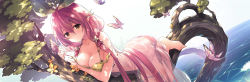 Rule 34 | 1girl, bare shoulders, barefoot, blush, breasts, brown eyes, bug, butterfly, cleavage, collarbone, day, flower, granblue fantasy, hair between eyes, hair ornament, highres, insect, large breasts, leaf, long hair, looking at viewer, low twintails, mizuno sao, monster girl, navel, outdoors, pink hair, plant girl, pointy ears, smile, solo, twintails, twitter username, very long hair, water, yggdrasil (granblue fantasy)