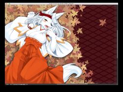 Rule 34 | 1girl, animal ear fluff, animal ears, animal hands, animal nose, autumn leaves, black border, blush, body fur, border, bow, breasts, bright pupils, brown background, capelet, claws, english text, fangs, female focus, from above, furry, furry female, green eyes, hakama, half-closed eyes, hands up, headband, highres, hip vent, izuha (kame (3t)), japanese clothes, kame (3t), kimono, large breasts, long hair, long sleeves, looking at viewer, lying, miko, mixed-language commentary, on back, on ground, open mouth, orange trim, original, red bow, red hakama, red headband, ribbon-trimmed hakama, sidelocks, sign, snout, solo, tail, thick eyebrows, tongue, tongue out, white capelet, white fur, white hair, white kimono, white pupils, wide sleeves, wolf ears, wolf girl, wolf tail