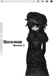 1girl bags_under_eyes black_bow black_eyes black_hair blue_dress bonnet bow closed_mouth copyright_name cross cross_necklace dress frilled_bonnet frills from_behind gothic_lolita hair_over_one_eye hat hat_bow highres jewelry kuroki_tomoko lace-trimmed_headwear lace_trim layered_dress lolita_fashion long_sleeves medium_hair necklace puffy_sleeves solo twitter_username watashi_ga_motenai_no_wa_dou_kangaetemo_omaera_ga_warui! white_sleeves xi7197269767042