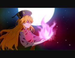 Rule 34 | 1girl, black dress, black hat, chinese clothes, closed mouth, dress, energy, hair between eyes, hat, highres, junko (touhou), letterboxed, long hair, long sleeves, maisuiren, moon, orange hair, phoenix crown, red eyes, solo, tabard, touhou, upper body, wide sleeves
