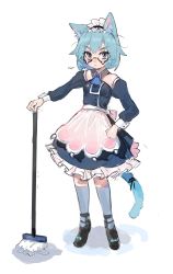 Rule 34 | 1girl, animal ear fluff, animal ears, apron, aqua ribbon, black-framed eyewear, black ribbon, blue eyes, blue hair, blue nails, blue neckerchief, cat ears, cat girl, cat tail, closed mouth, fingernails, frills, frown, glasses, grey background, hand on own hip, highres, holding, holding mop, looking at viewer, maid, maid apron, maid headdress, maido mido, mop, multicolored eyes, nail polish, neckerchief, original, red eyes, ribbon, short hair, simple background, slit pupils, solo, tail, tail ornament, tail ribbon