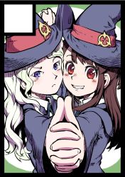 Rule 34 | 10s, 2girls, :d, blonde hair, blue eyes, blush, border, brown hair, cheek-to-cheek, diana cavendish, holding hands, hat, heads together, interlocked fingers, kagari atsuko, little witch academia, long hair, multiple girls, open mouth, red eyes, simple background, smile, uirou (uirou1), witch, witch hat